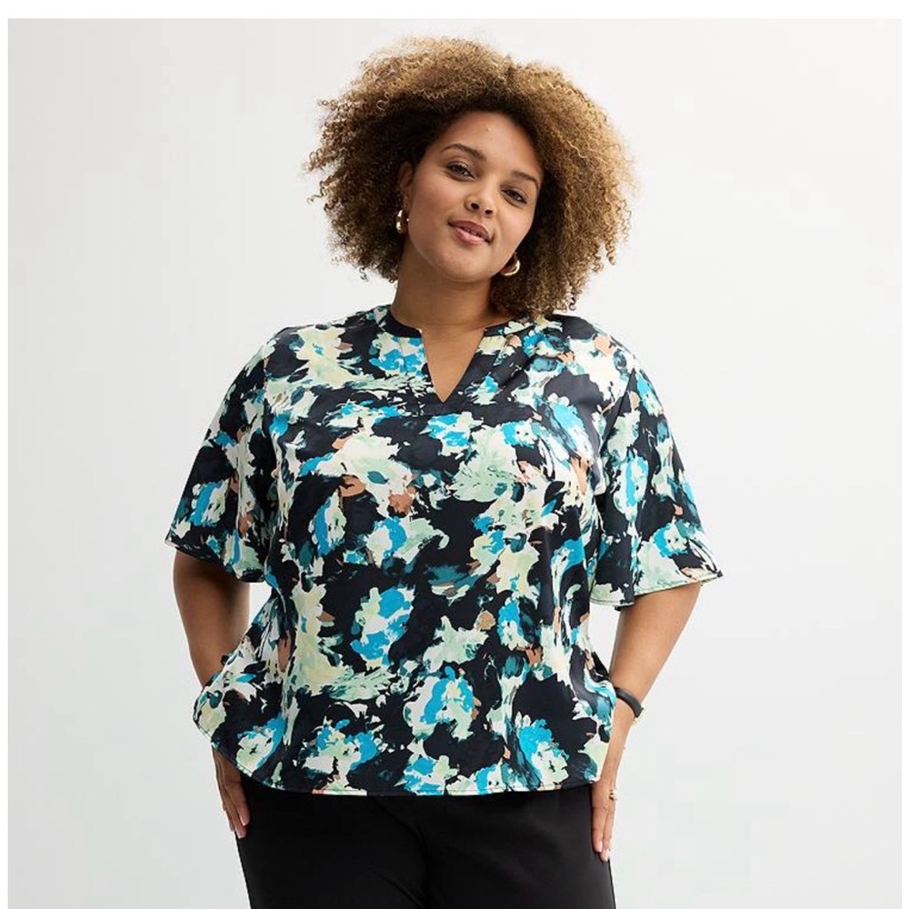 Nine West Abstract Floral Women's Blouse - Blue, Black, White